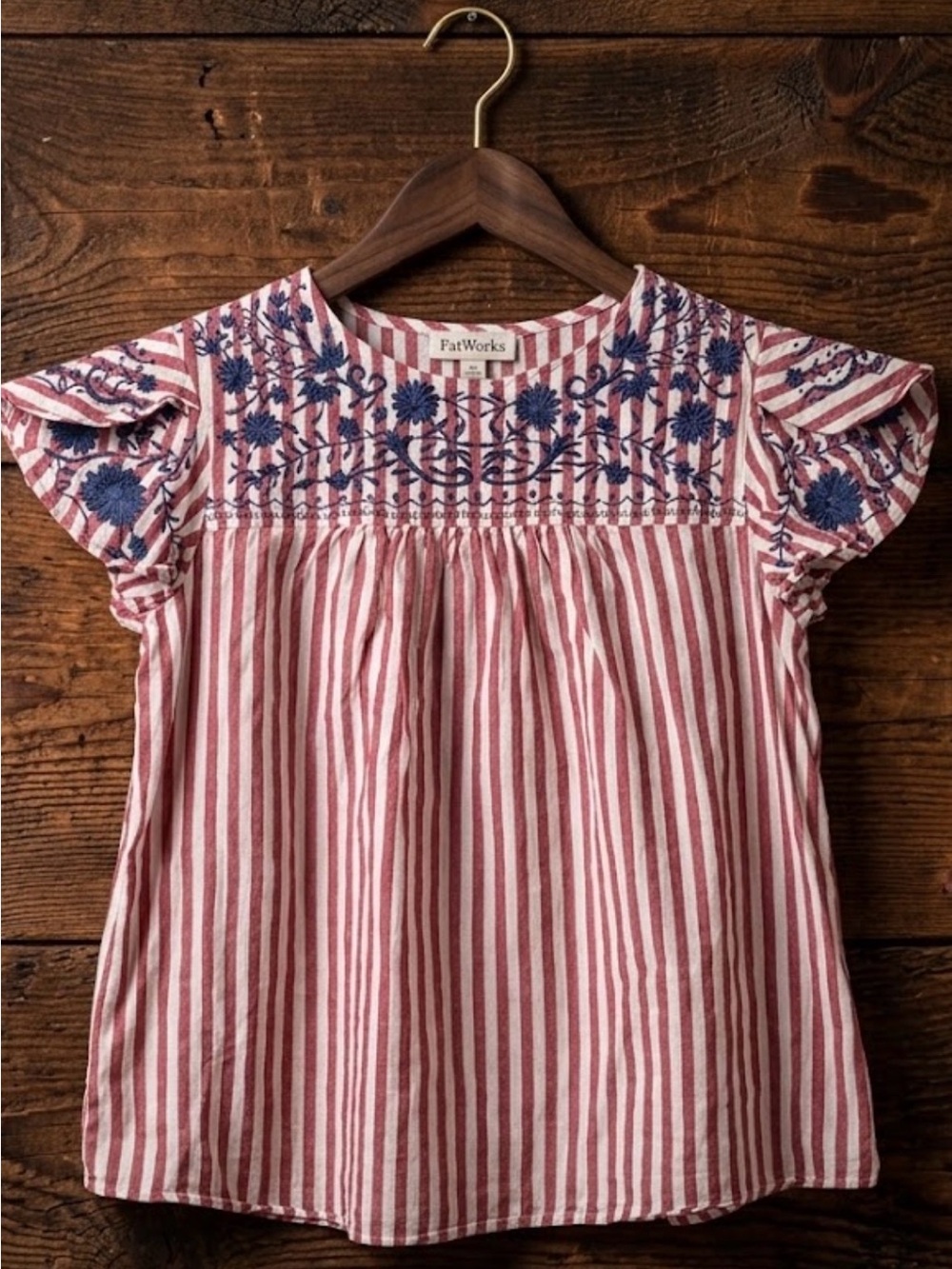 Women’s Red & White Striped Embroidered Short Sleeve Top
